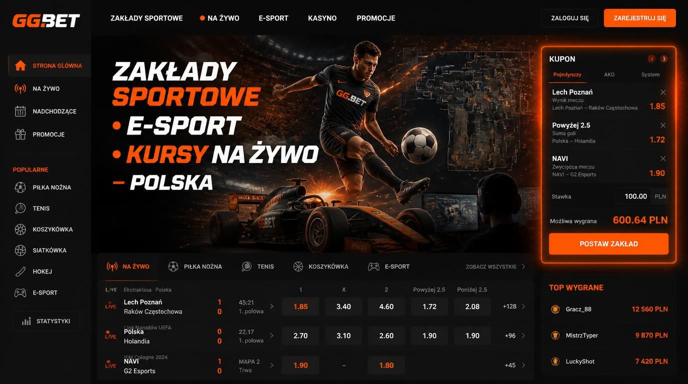 Zakłady sportowe i e-sport na GGBet Casino przedstawione artystycznie z kuponem zakładu.