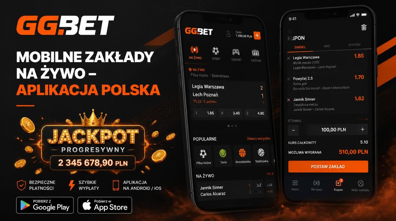 Smartphone pokazujący aplikację GGBet z zakładami na żywo i progresaowym jackpotem.
