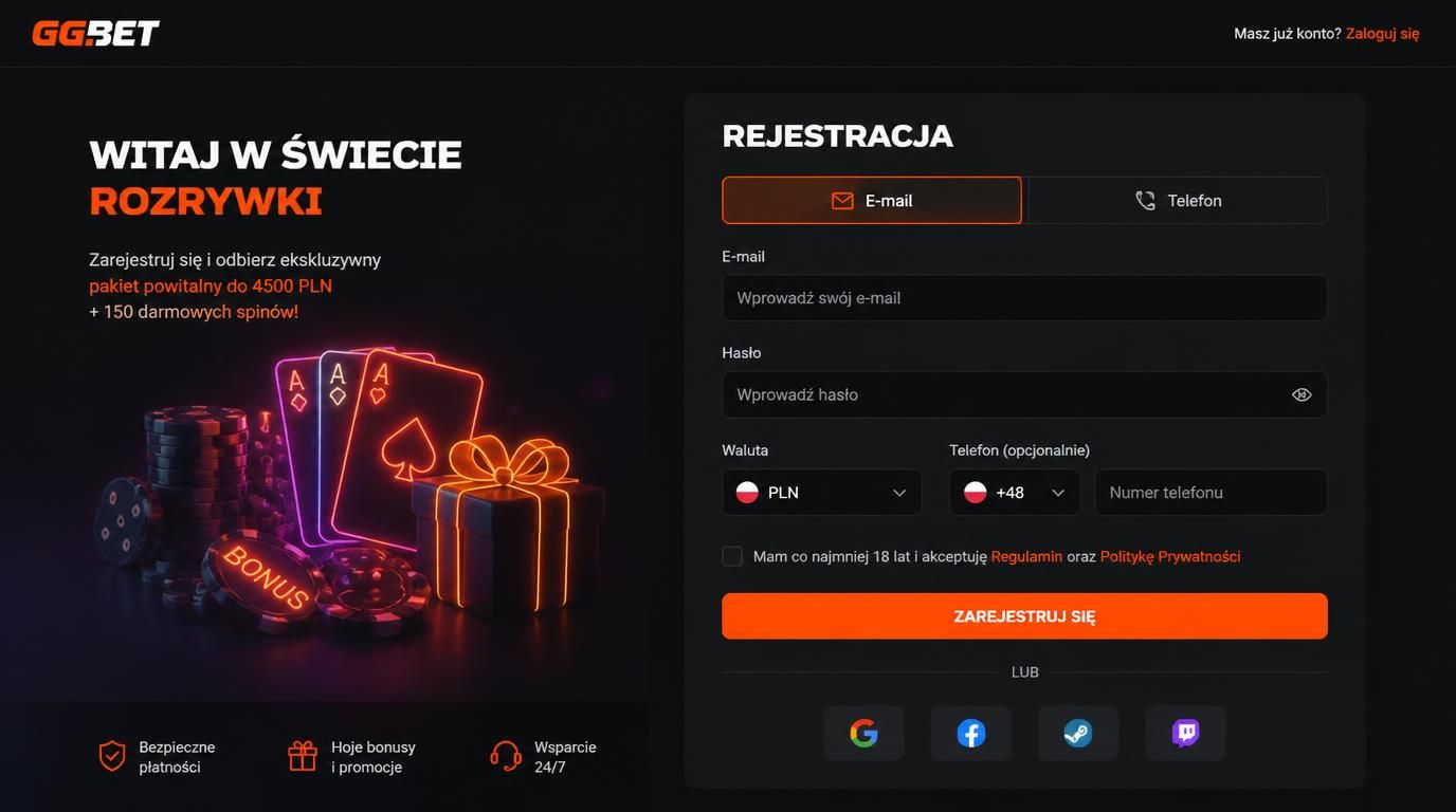 Formularz rejestracyjny GGBet z Polską walutą PLN i numerem telefonu +48