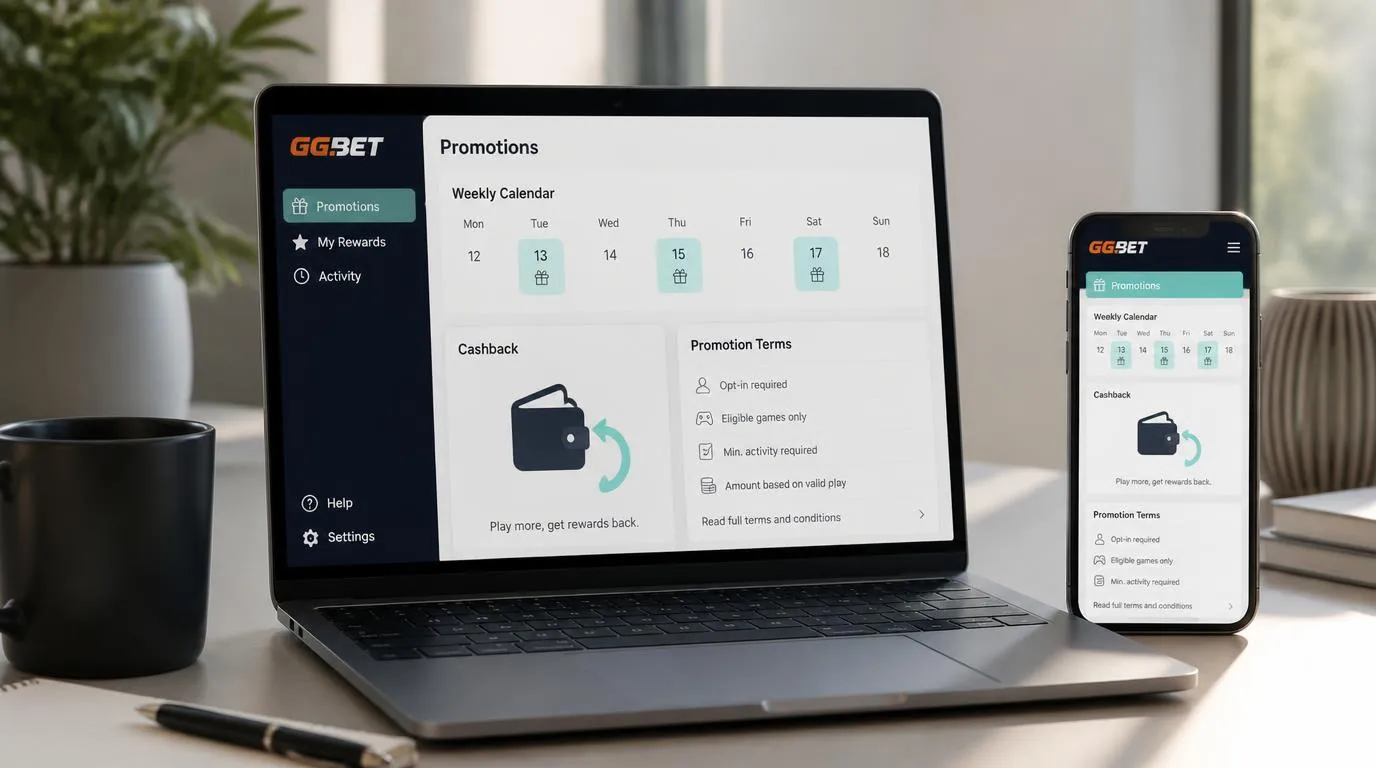 Panel promocji kasynowych z kalendarzem tygodniowych nagród i kartą cashbacku