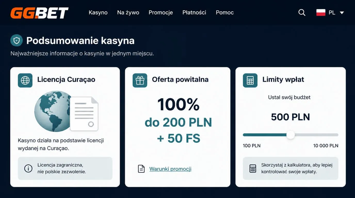 Panel podsumowania kasyna z informacją o licencji Curaçao, ofercie powitalnej i limitach wpłat