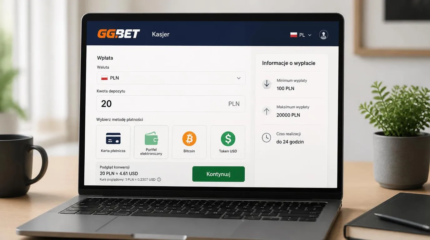 Panel kasy kasyna z walutą PLN, depozytem 20 zł i kartami metod płatności