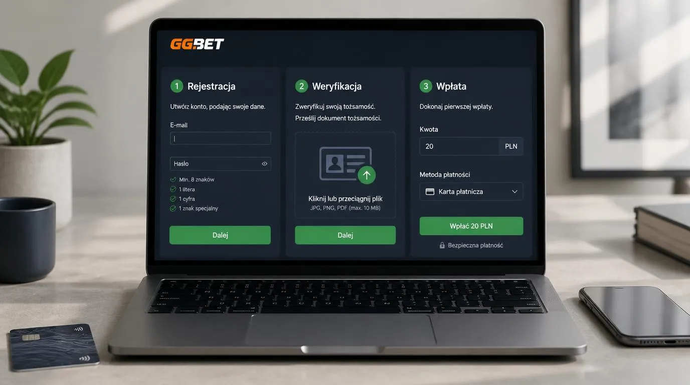 Panel rejestracji, weryfikacji dokumentu i pierwszej wpłaty na ekranie laptopa